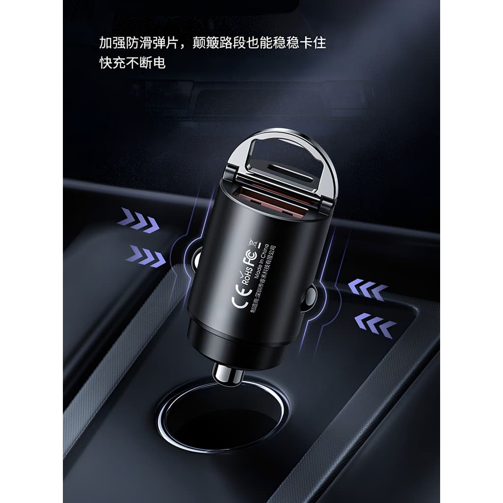 REMAX Carregador de carro rápido de porta dupla 30WQC / PD USB-C / A Carregador de carro oculto em liga de isqueiro 22.5