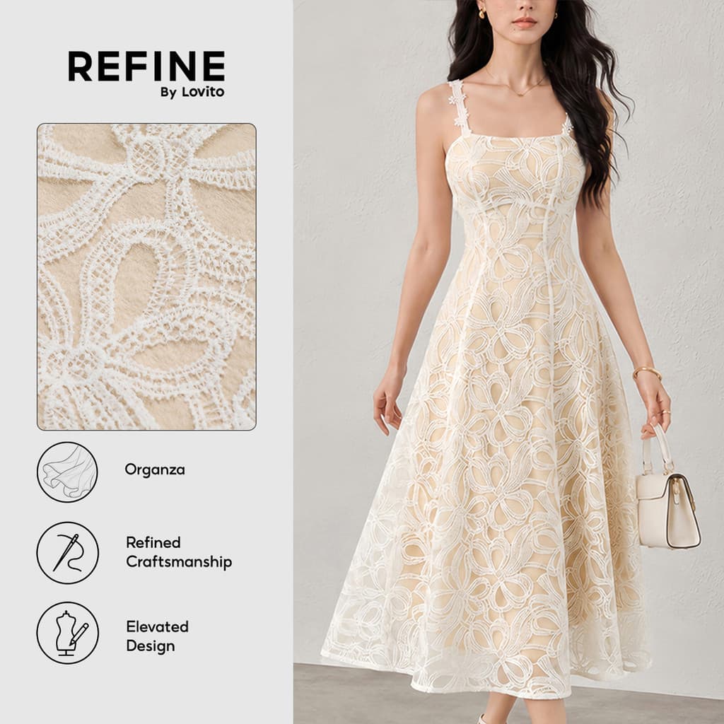 (Refine by Lovito) Elegante Vestido Texturizado Solto Renda Primavera/verão Damasco para Mulheres Festa/Formal LR32A031