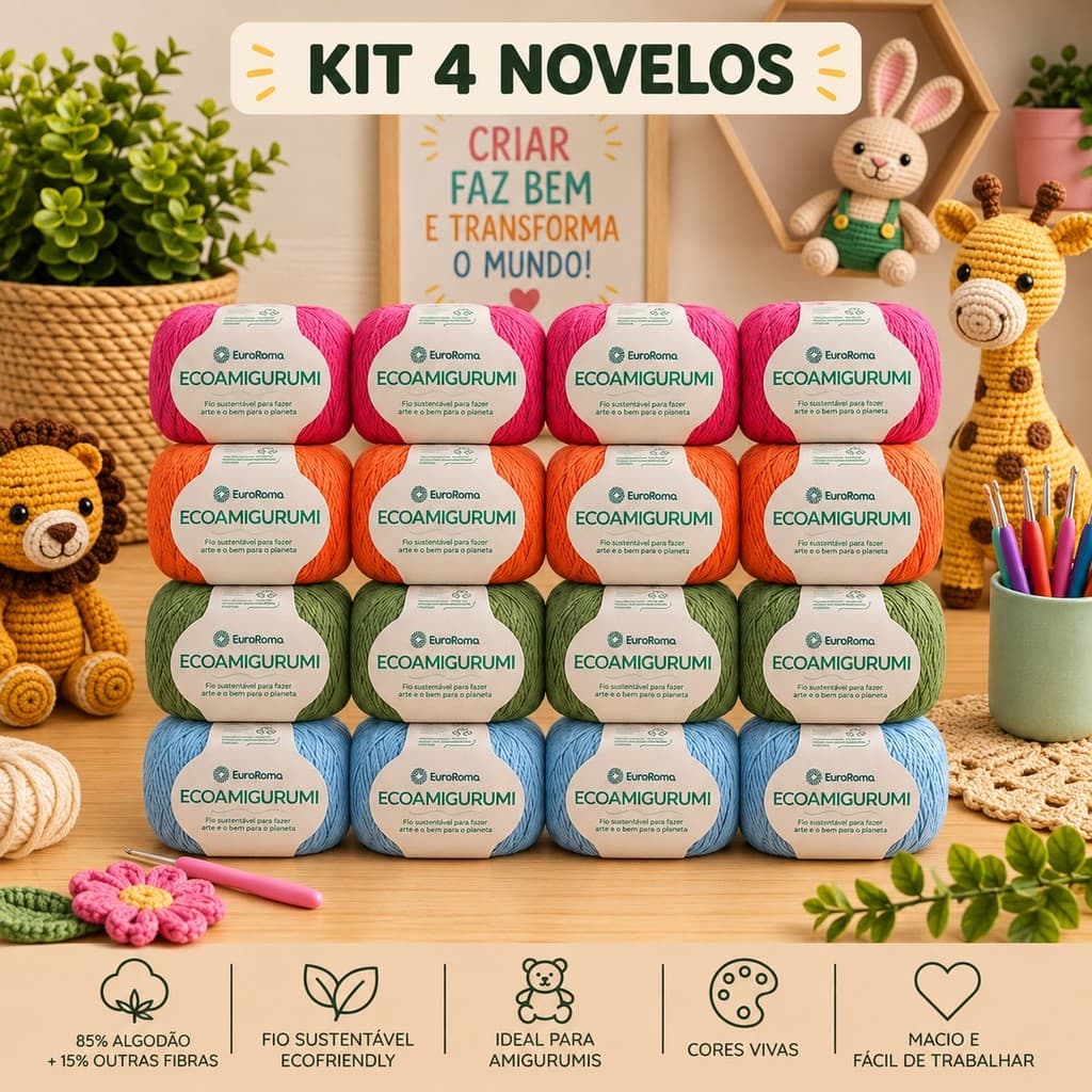 Kit 4 Fios EcoAmigurumi Euroroma Eurofios 8/7-160gr- Amigurumi Crochê Tricô -Escolha a cor -Trabalhamos toda cartela cor