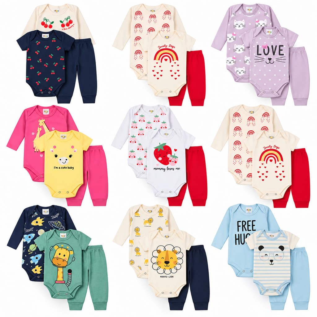 Body Bebê Manga Curta e Longa + Mijão Kit 15 Peças Menino e Menina Algodão Macio Premium Enxoval Completo P ao GG
