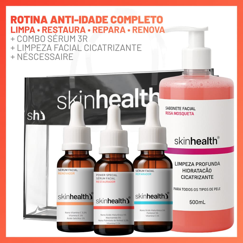 Rotina Facial Anti-Idade Skinhealth 3 Séruns + Sabonete Rosa Mosqueta 500ml + Nécessaire