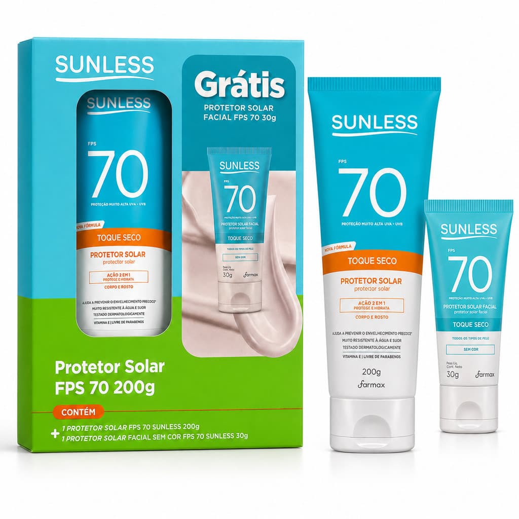 Kit Protetor Solar Sunless FPS 70 200g Corpo e Rosto + Facial FPS 70 30g Toque Seco Resistente à Água