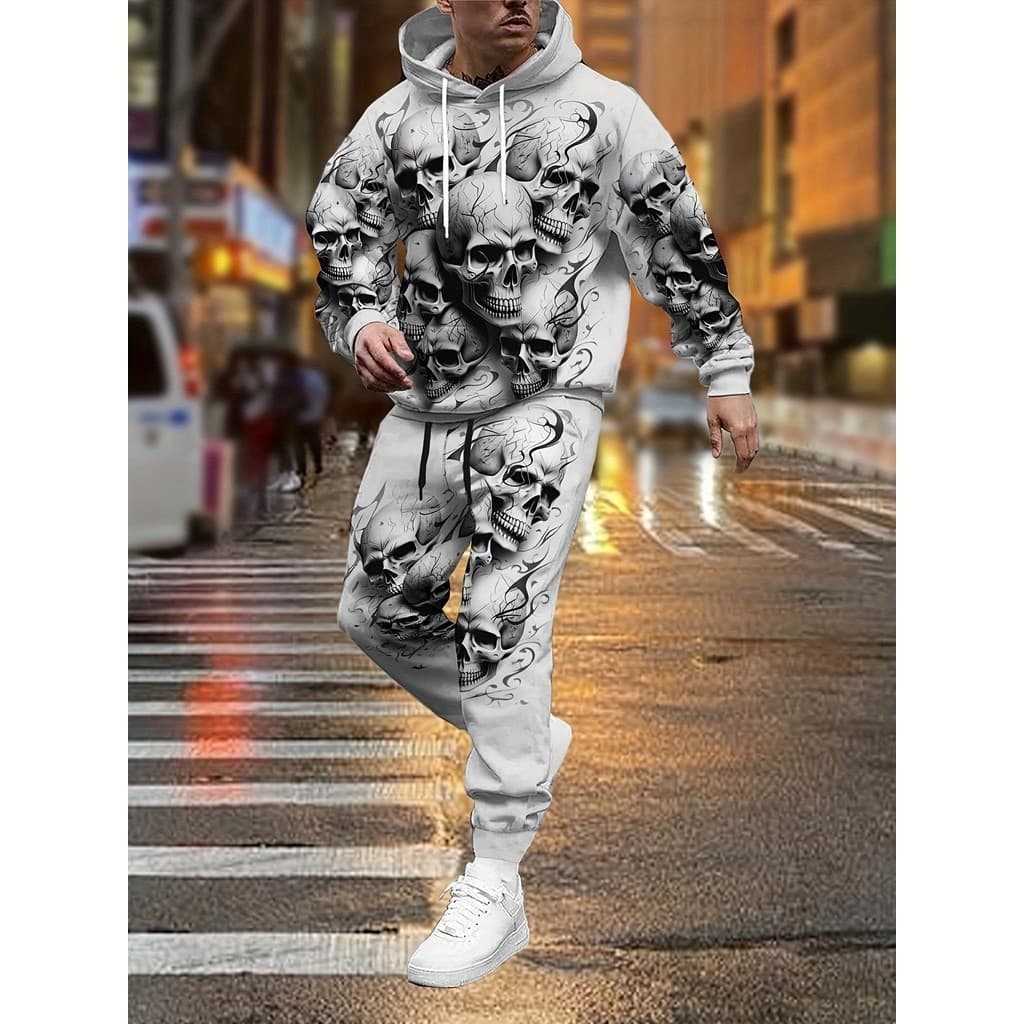 Conjunto de moletom masculino de sarja, 8.82 onças, incluindo conjunto de moletom e calças com caveira, com símbolos [Pe
