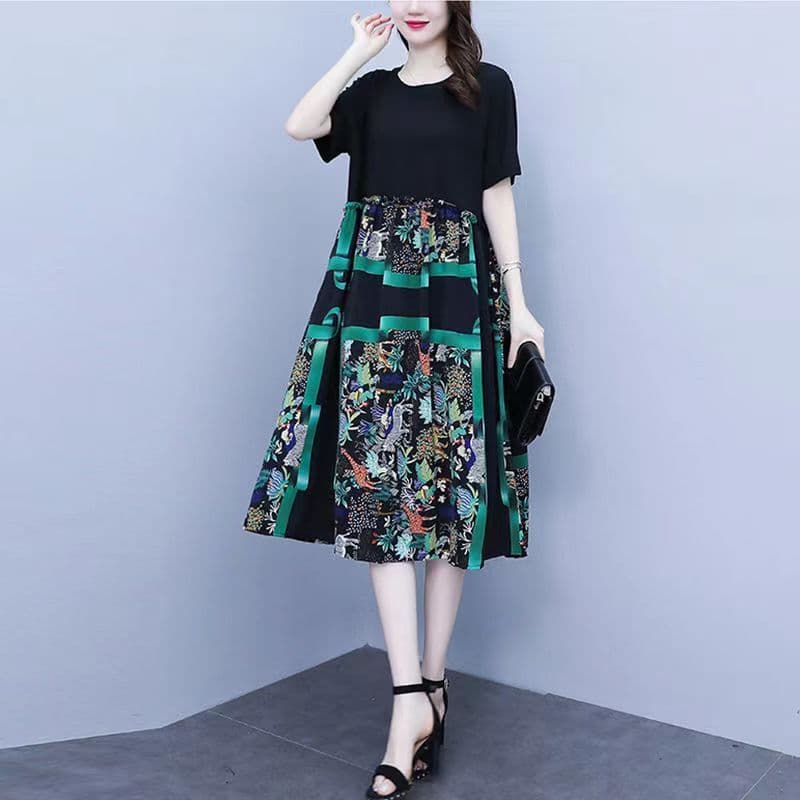 Estilo étnico moda Plus Size vestido feminino feminino de meia-idade idosa vestido de mãe de manga curta vestido de verã