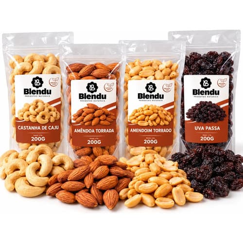 Kit Castanhas Blendu 800g Castanha de Caju Amendoa Defumada Amendoim Uva Passa 4x200g Snack Saudavel