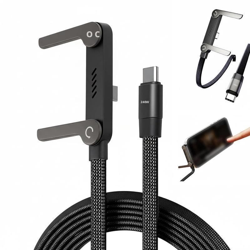 Cabo Carregador 2 em 1 Invisível Preto 240W Super Carga Rápida com Duas Pontas Type-C e Suporte Dobrável para Celulares