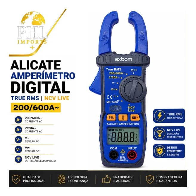 Multímetro Digital e Alicate Amperímetro EXBOM Eletricista, Abre Garra 20mm True Rms Ncv Cat Ill600v