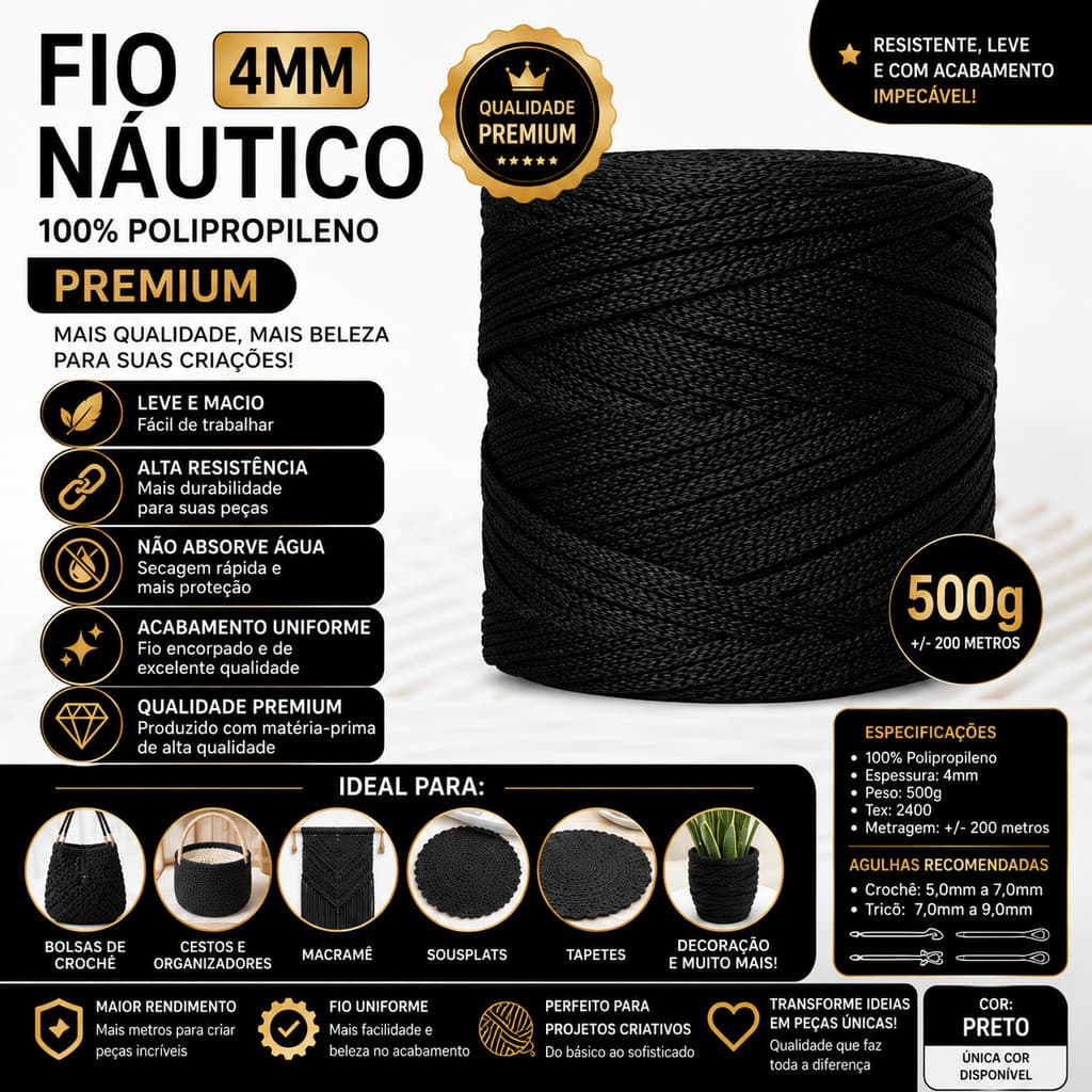 Fio Náutico 4mm Preto 500g | Barbante 100% Polipropileno para Crochê, Macramê, Bolsas de Crochê, Cestos e Artesanato