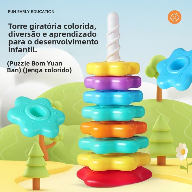 Brinquedo de Empilhar Torre Giratória Arco-Íris para Crianças, Brinquedo Educativo de Anéis para Educação Infantil