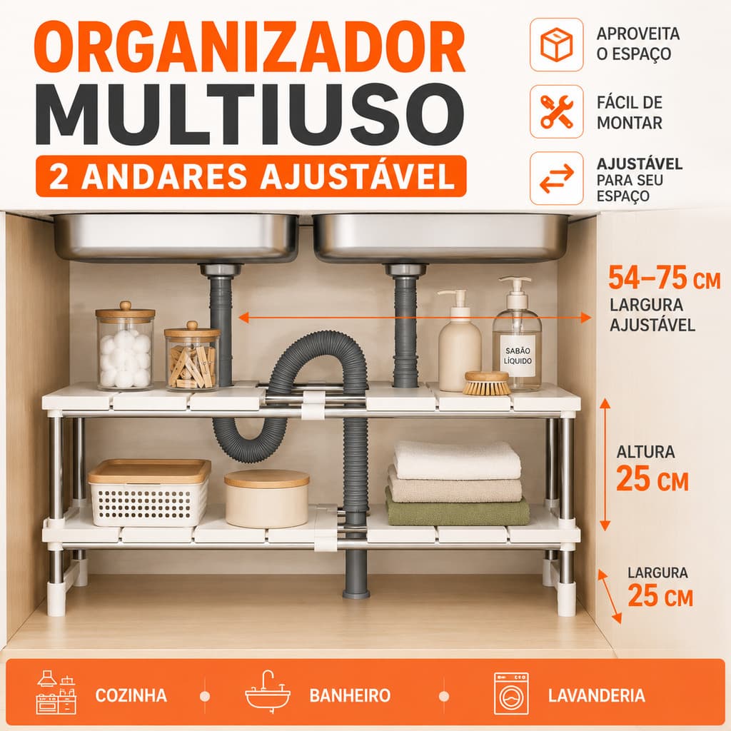 Estante Organizadora Multiuso 2 Andares Ajustável para Cozinha Banheiro e Lavanderia 54–75cm