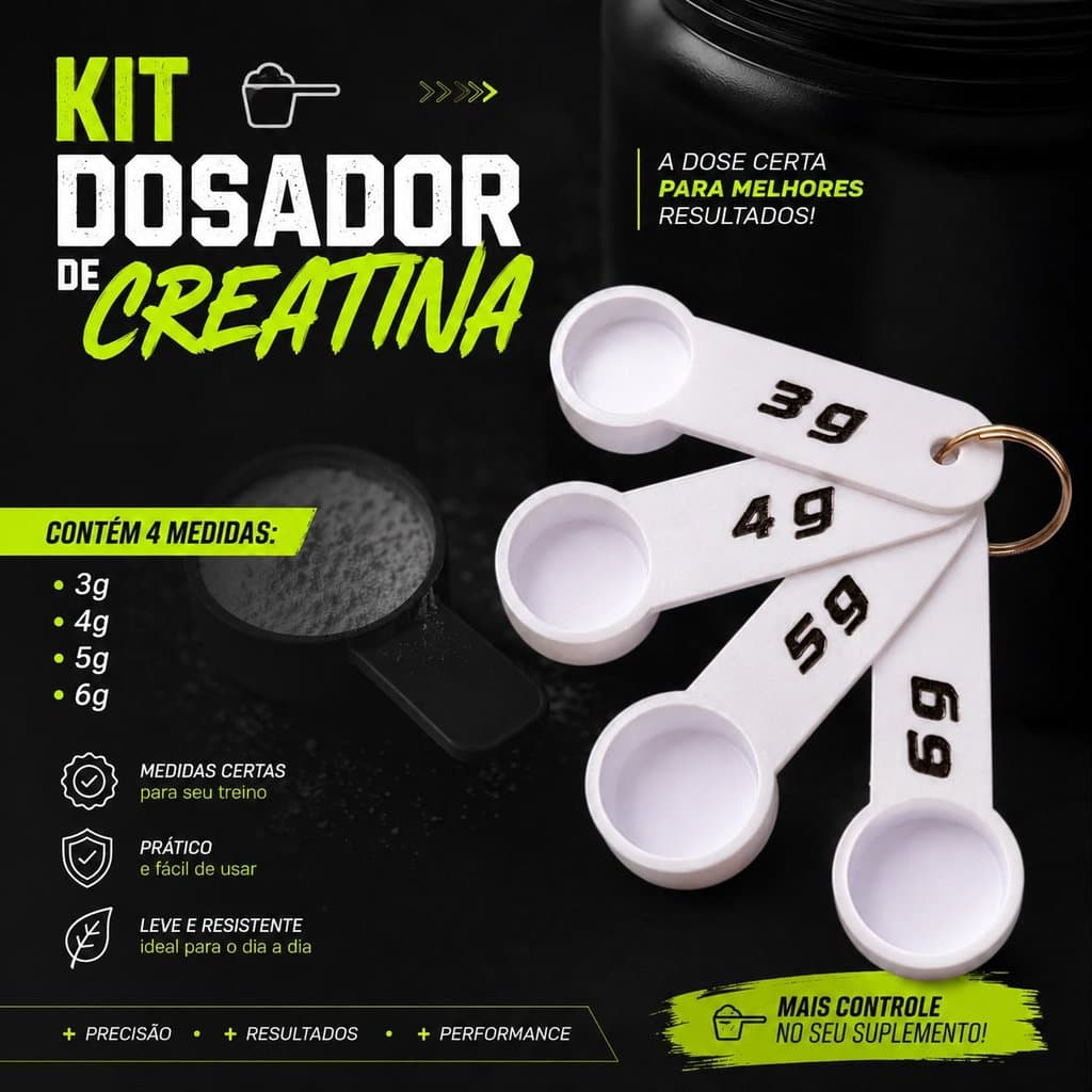 Dosador de Creatina Colher Medidora Scoop 3g 4g 5g 6g Suplemento Whey Pré-Treino Kit