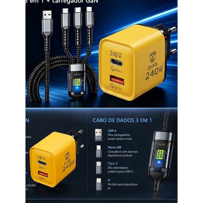 Carregador 3 Em 1 ZHIKE Cabo Carregamento Super Rápido Tipo C Micro USB V8 1,2 m 240W Punk GaN Adaptador Recarga Celular