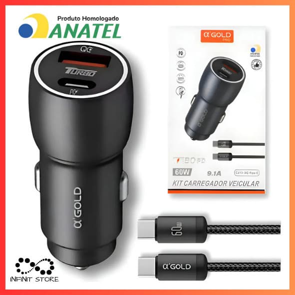 Carregador Veicular Universal 60W PD USB-C com Cabo Compatível Android e iPhone