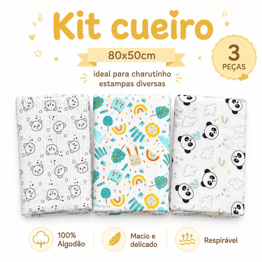 Kit 3 Cueiros Manta Bebê 100% Algodão Flanelado 80x50cm Enxoval Recém-Nascido Charutinho Envio Imediato