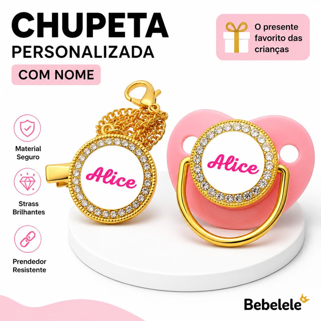 Chupeta Rosa para Bebê, Personalizada com Nome/Foto, Acompanha Corrente para Chupeta WE6J
