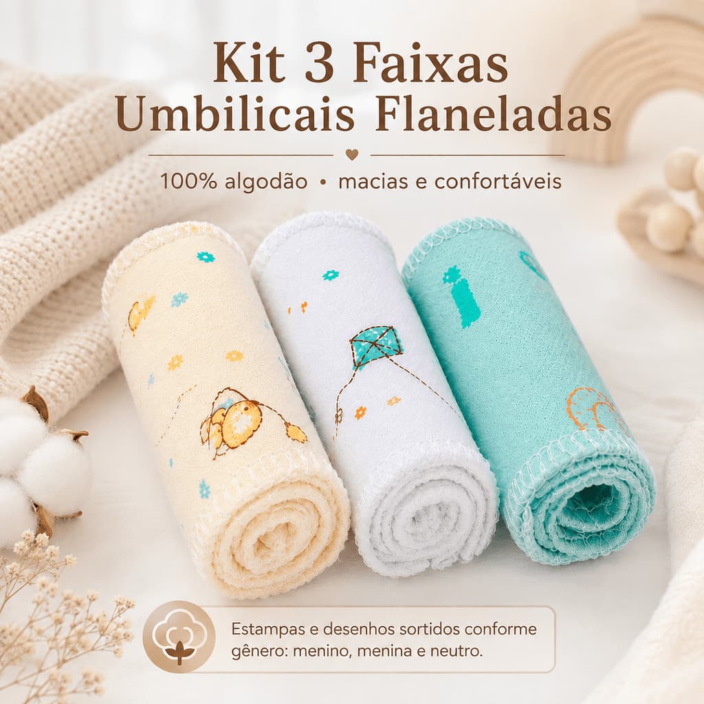 Kit c/ 3 Faixa Umbigo Umbilical Bebê Recém Nascido RN Enxoval Maternidade Flanelada 100% Algodão