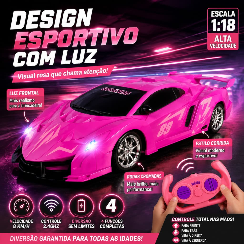 Brinquedo Carrinho RC Rosa Controle Remoto Com Luz Para Meninas Crianças Pilhas Já Inclusas Presente Infantil