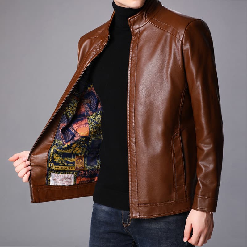 Jaqueta masculina de couro pu Real de meia-idade, jaqueta com gola alta, jaqueta de couro Casual masculina de meia-idade