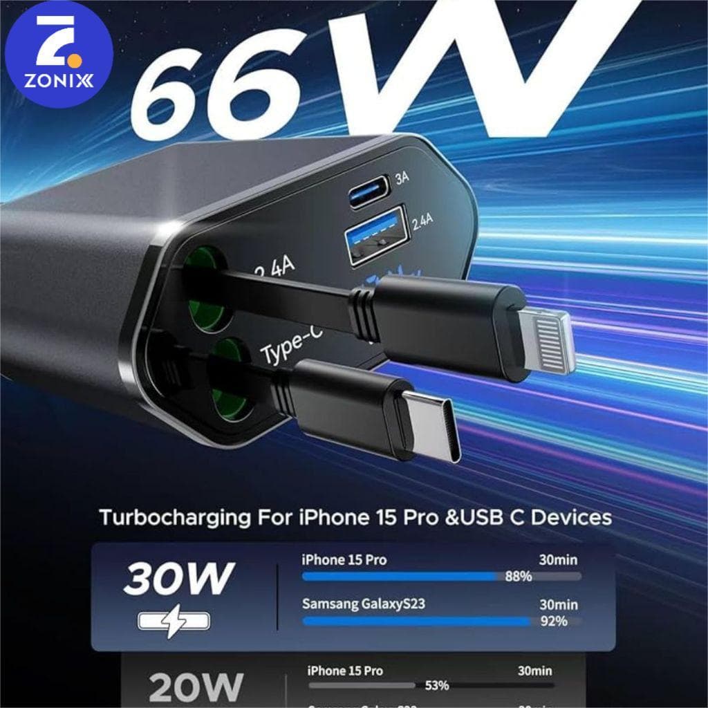 Carregador de carro retrátil, carregador rápido de para carro 4 em 1 para iPhone e Android-Zonix