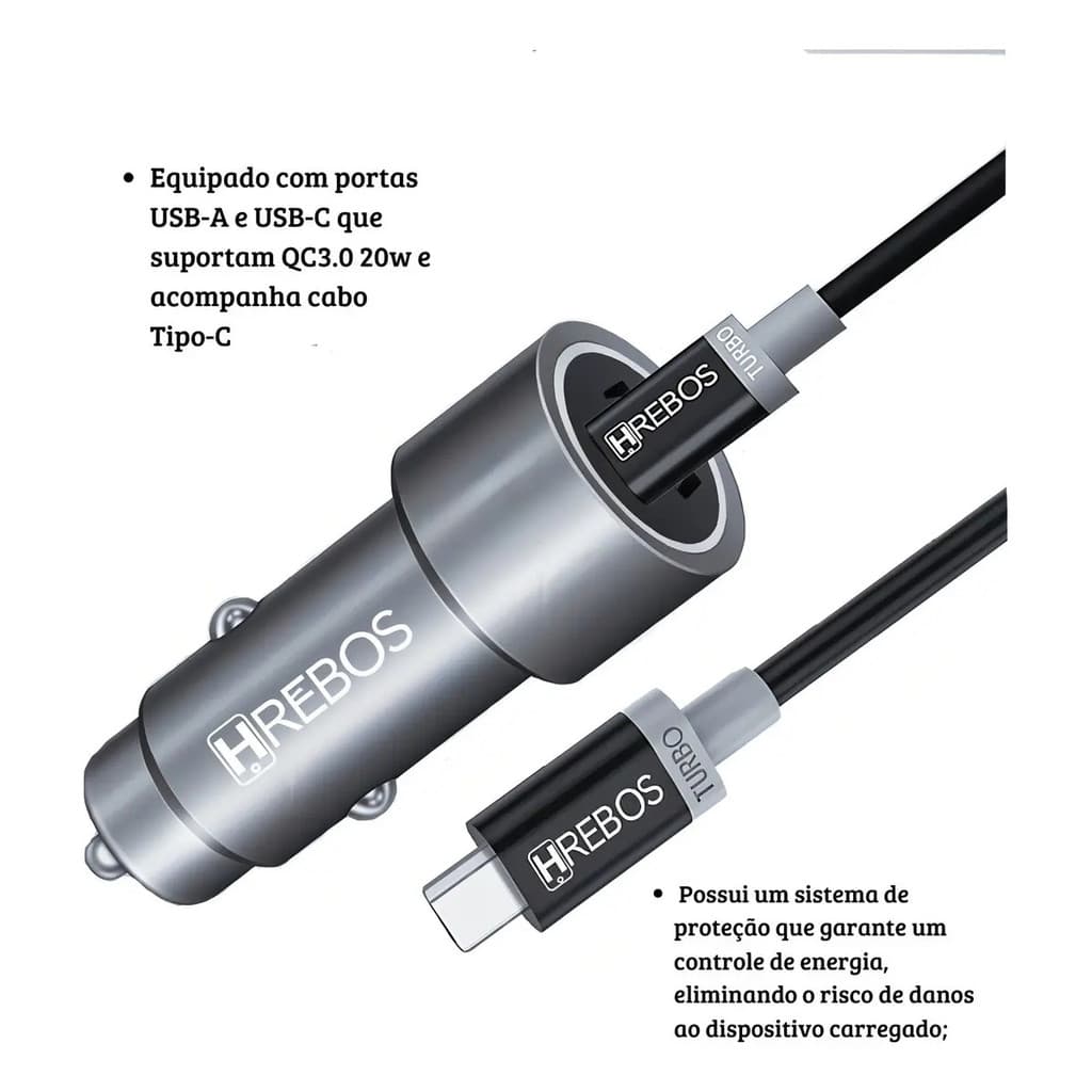 Carregador Veicular Turbo Hrebos 20w Usb Type-c Com Cabo 1m Cinza