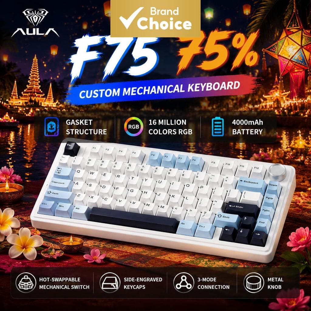 Teclado de Jogos RGB AULA F75 com Interruptores Mecânicos Substituíveis a Quente, Design Compacto de 75% Sem Fio para