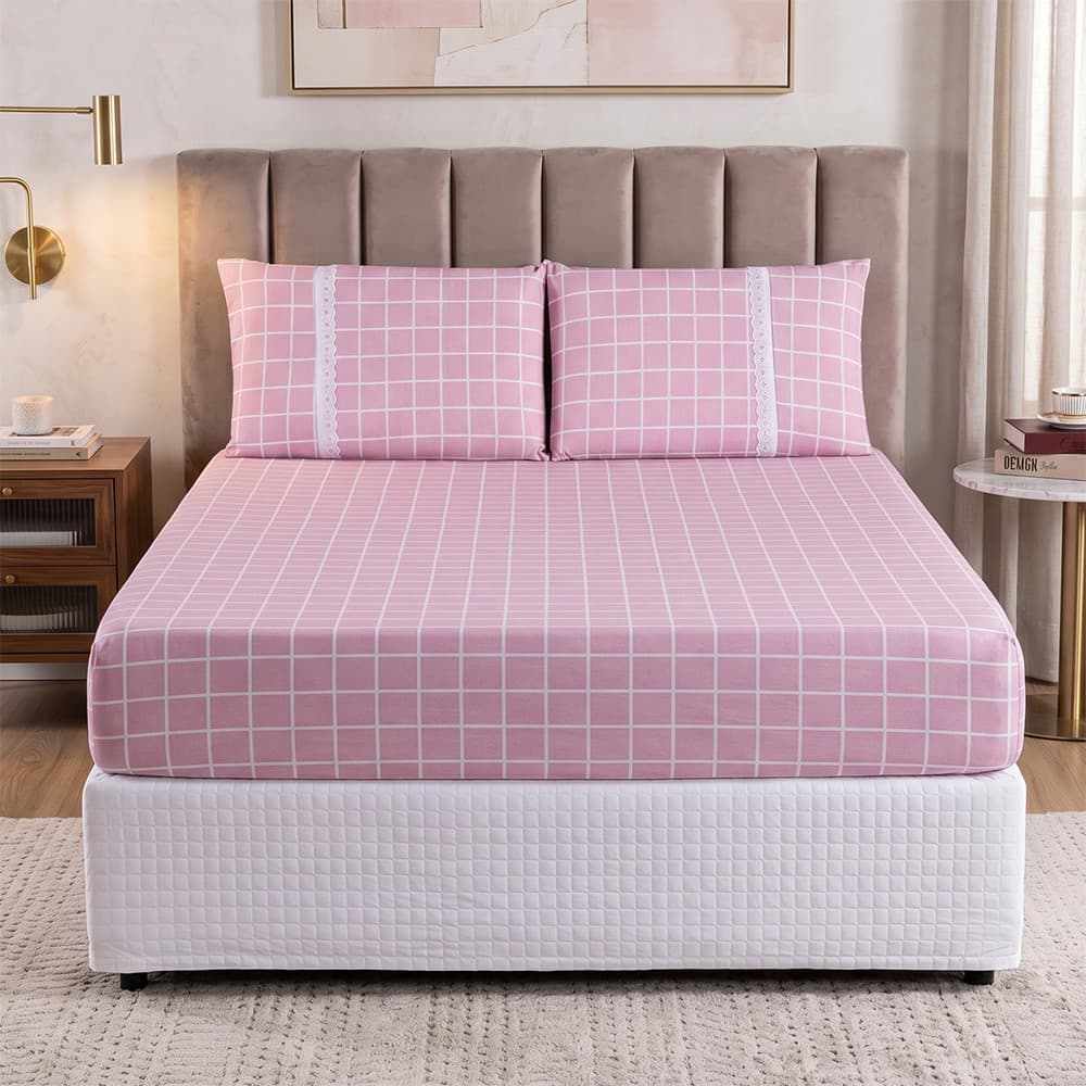 Jogo de Lençol Casal King Quadriculada Estampada 100% Algodão 3 Peças Cobre Leito Para Cama De Casal King
