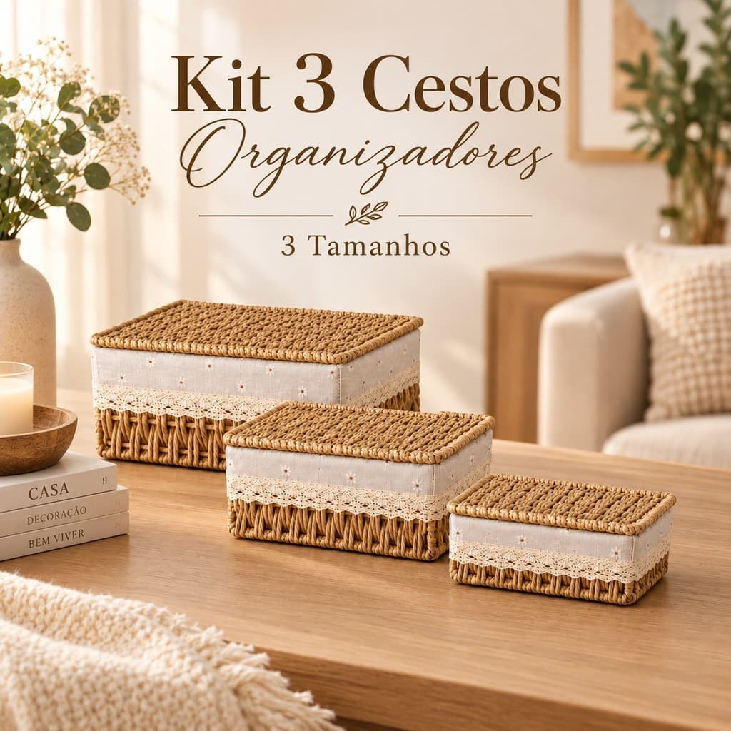Cestos Organizador com Tampa e Forro Palha Multiuso Caixa para Quarto Cozinha Banheiro Decoração Papel Palha Bambu