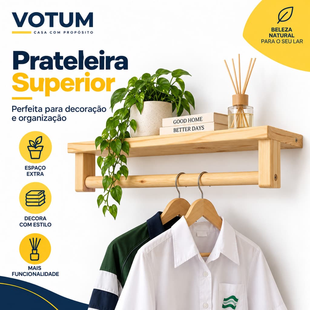 Cabideiro De Parede Com Prateleira Madeira Pinus Suporte Para Cabides Roupas Quarto Closet