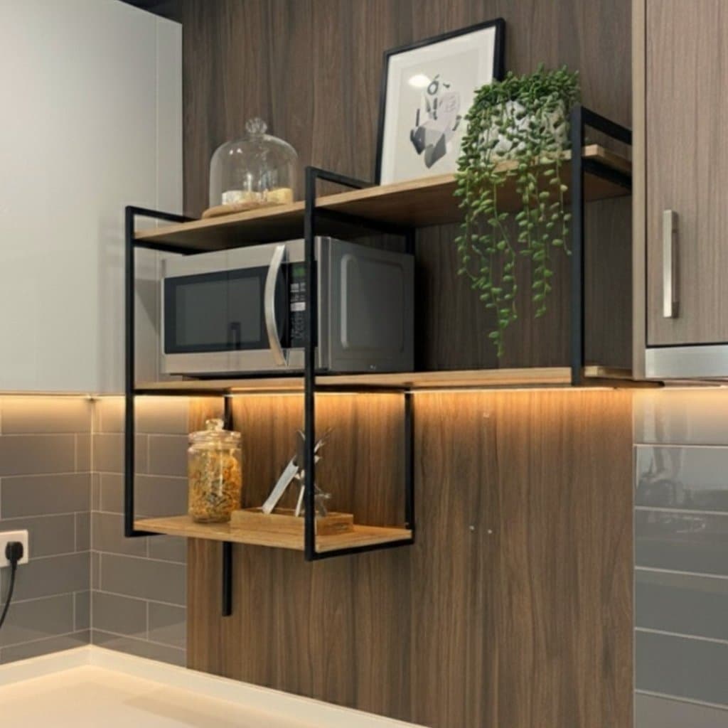 Prateleira de Parede Industrial 3 Níveis Suporte Micro-ondas Air Fryer Cafeteira Organizador Cozinha