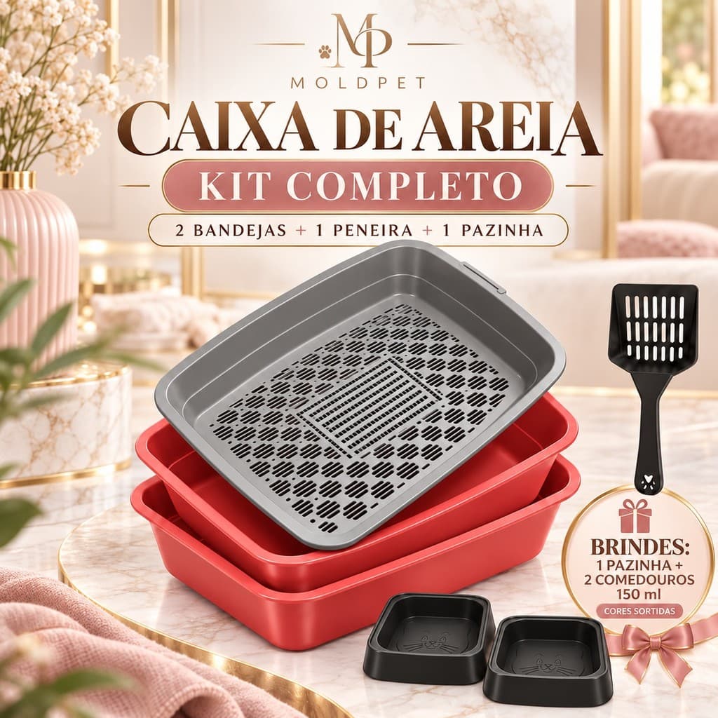 Kit Caixa de Areia para Gatos com Peneira e Pazinha Bandeja Higiênica Sanitária 3 em 1