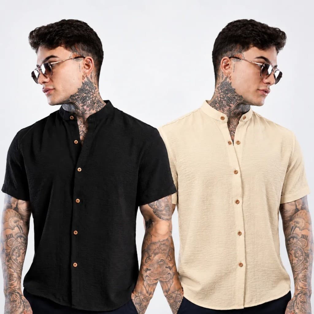 Kit 2 Camisas Sociais Masculinas Gola Padre Manga Curta Slim Fit Tecido Dunas Premium Casual Elegante