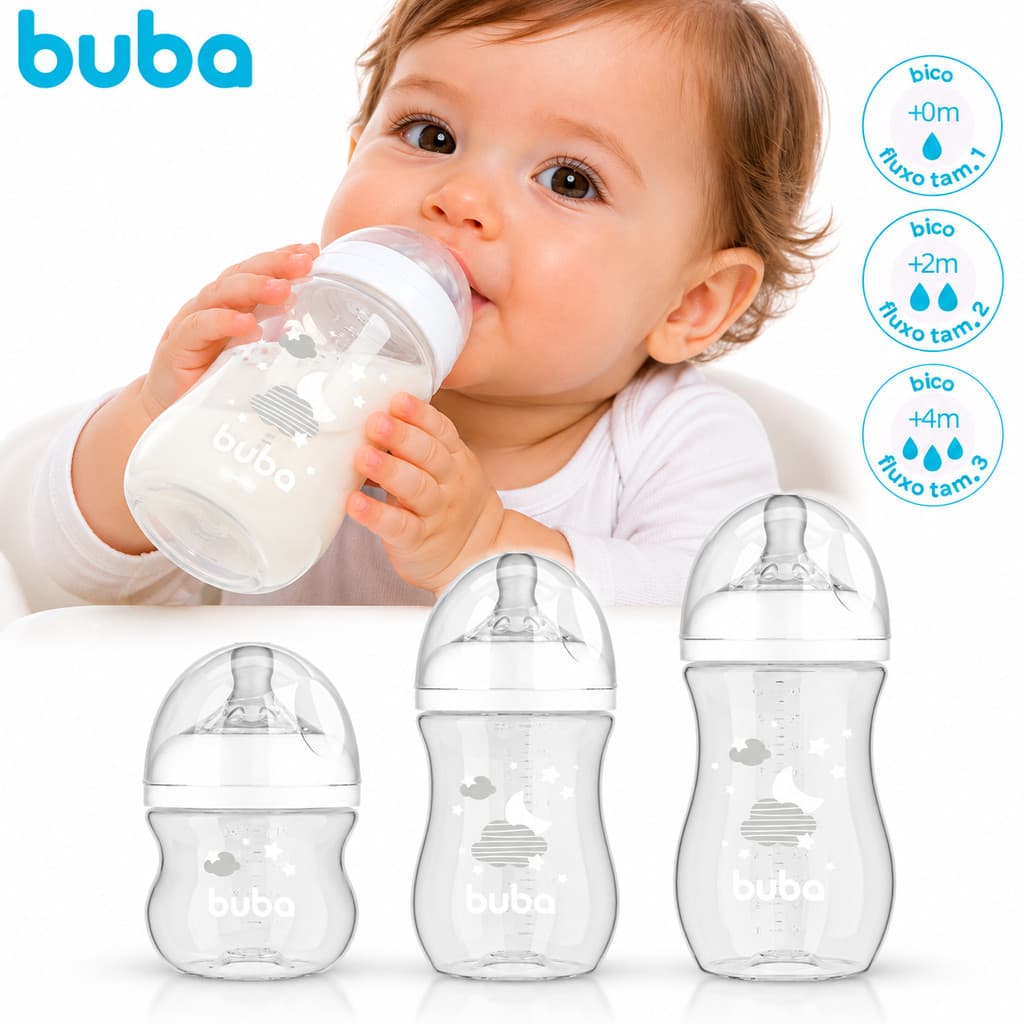Kit 3 E 2 Mamadeiras Easy Flow Nuvem Buba Neném Bico Silicone Anticólica Infantil Bebê Antivazamento