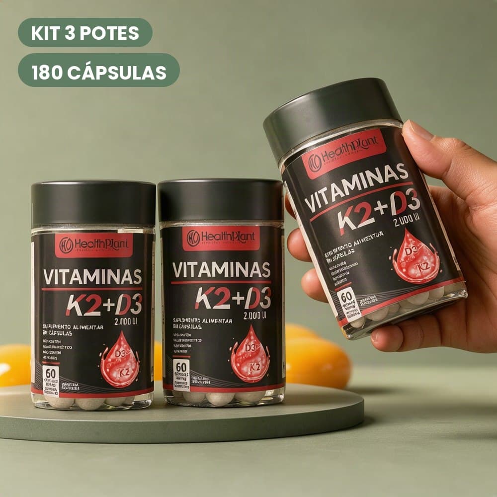 Suplemento Vitamina K2 + Vitamina D3 2000 UI 500mg Kit 3 Potes com 180 Cápsulas