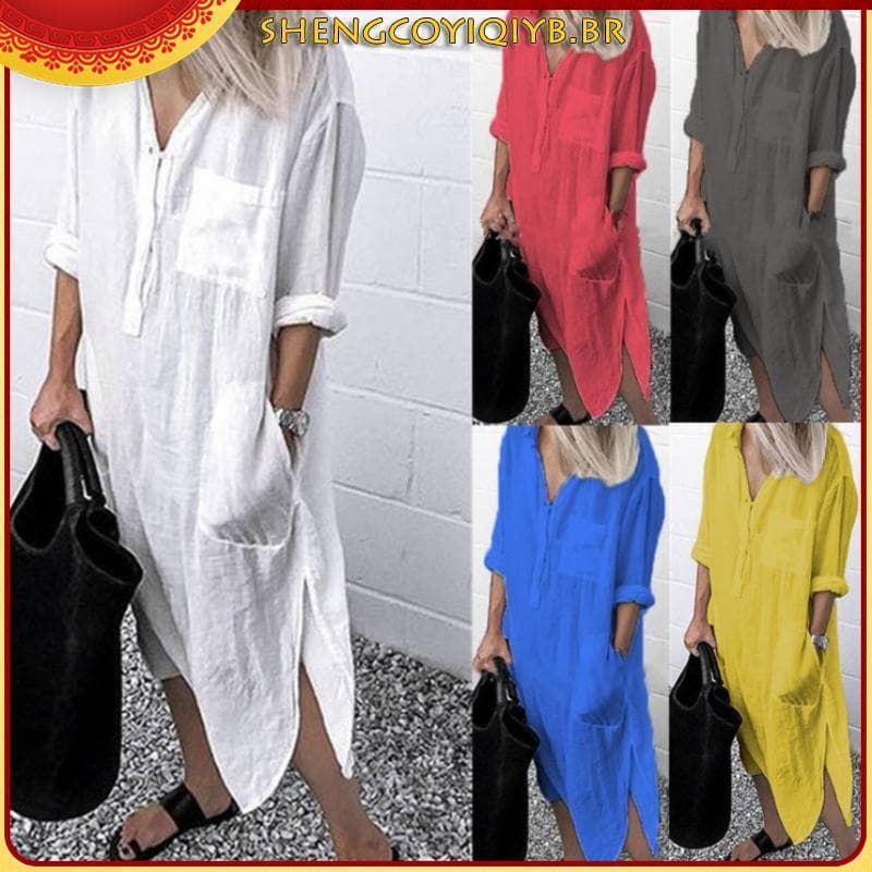 Vestido de camisa de algodão feminino de linho moda manga longa folgada maxi vestidos plus size