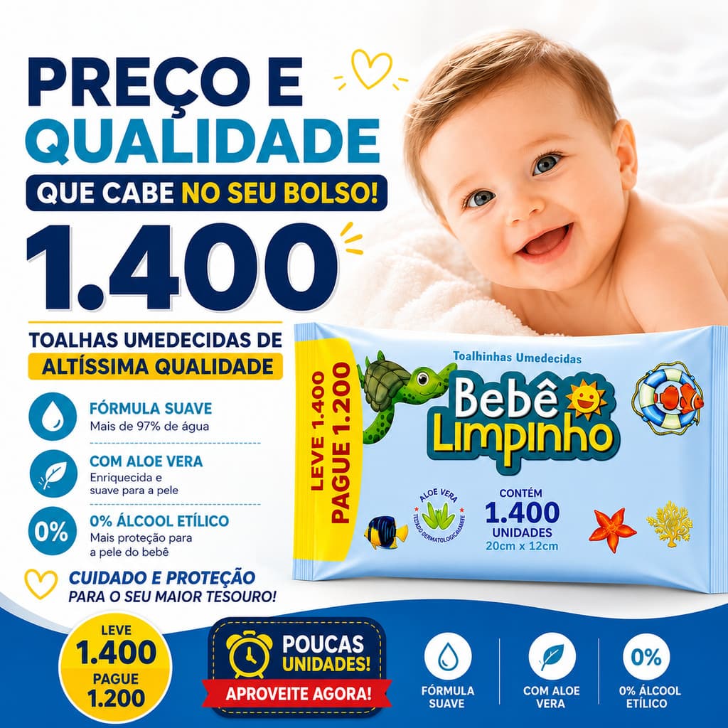 Kit 1400/700 lenco Toalha Umedecida Bebê Limpinho Ultra Premium CIMED