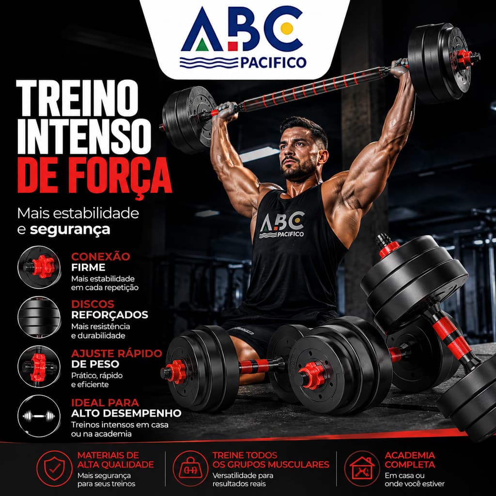 Kit Academia em Casa Halteres Ajustáveis,30KG Inclui Barra Longa e Presilhas de Segurança