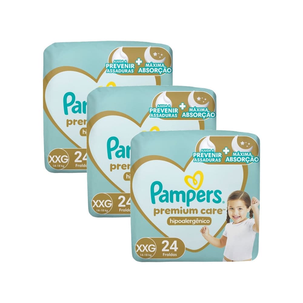 Kit 3 Fralda Pampers Premium Care Tamanho XXG Pacote Mega 24 Fraldas Descartáveis