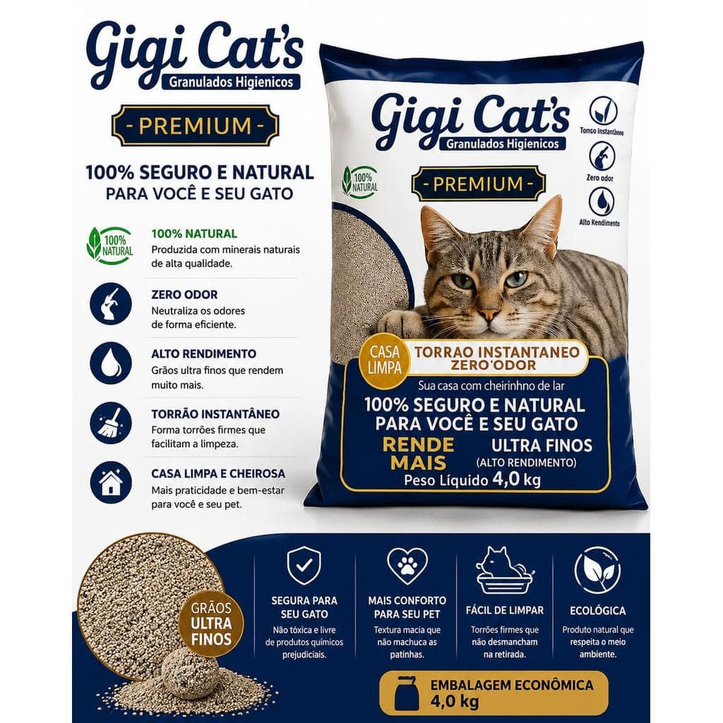 Areia Sanitária para gatos Granulado fácil de limpar zero cheiro Gigi Cats 4kg Controle de Odores