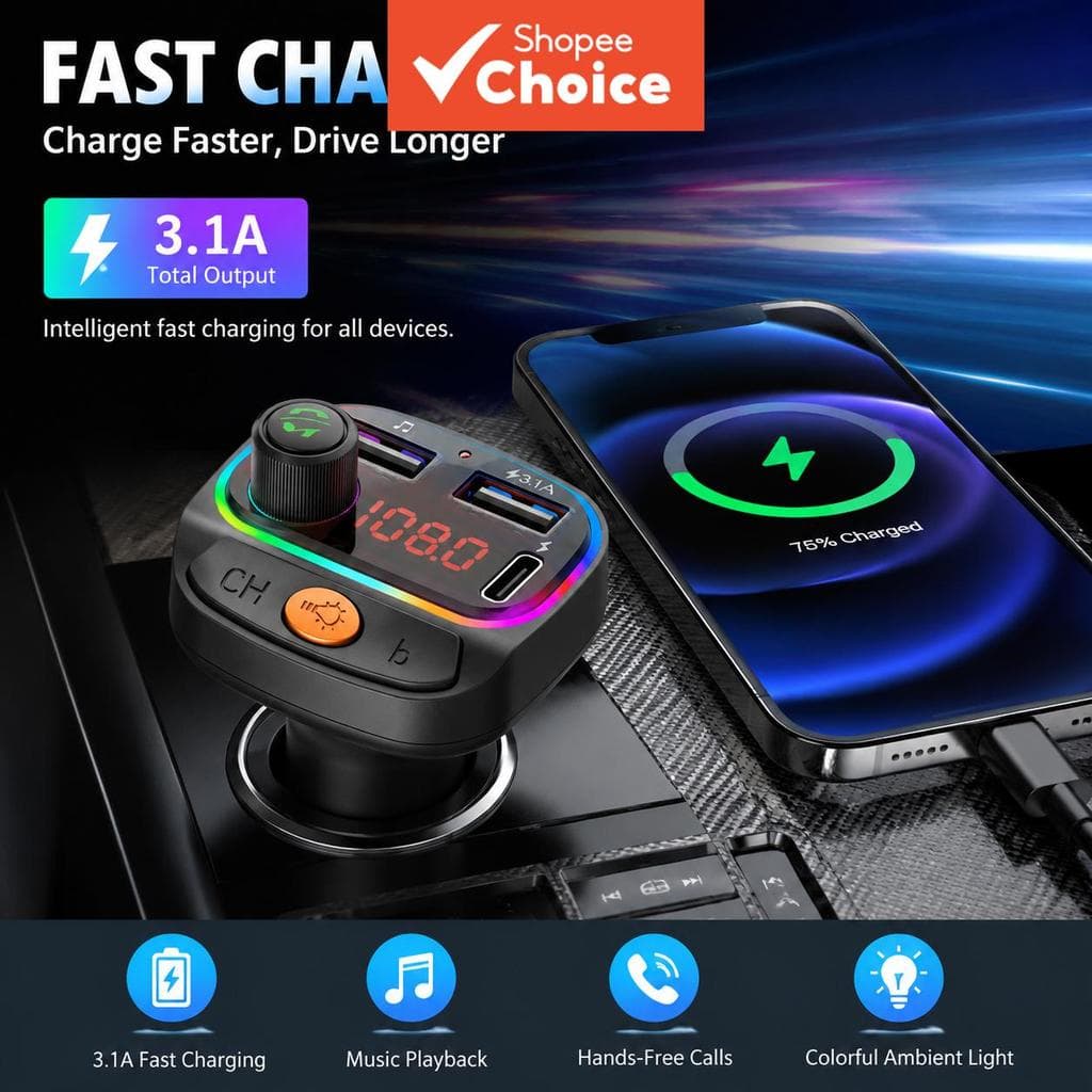 Carregador Veicular Bluetooth 5.4 Transmissor FM PD Tipo-C Duplo USB Player Ambiente MP3 Carregador Sem Fio Tipo-C Luz