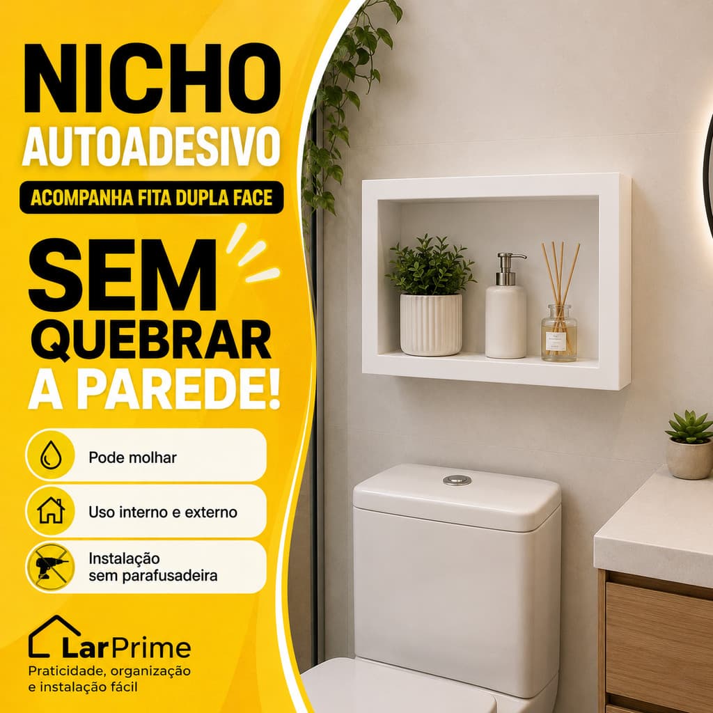 Nicho Parede Sobrepor 28x40 Auto Colante Dupla Face Branco Banheiro Cozinha Multiuso Lavanderia