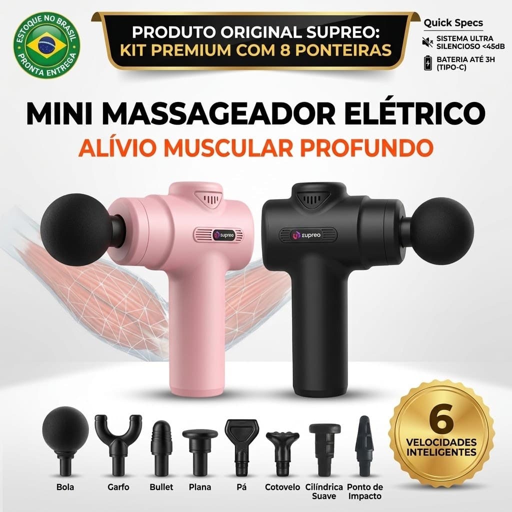 Pistola Massageador Eletrico Portatil Mini Massagem Muscular Profissional 8 Ponteiras 6 Velocidades Recarregavel Dores