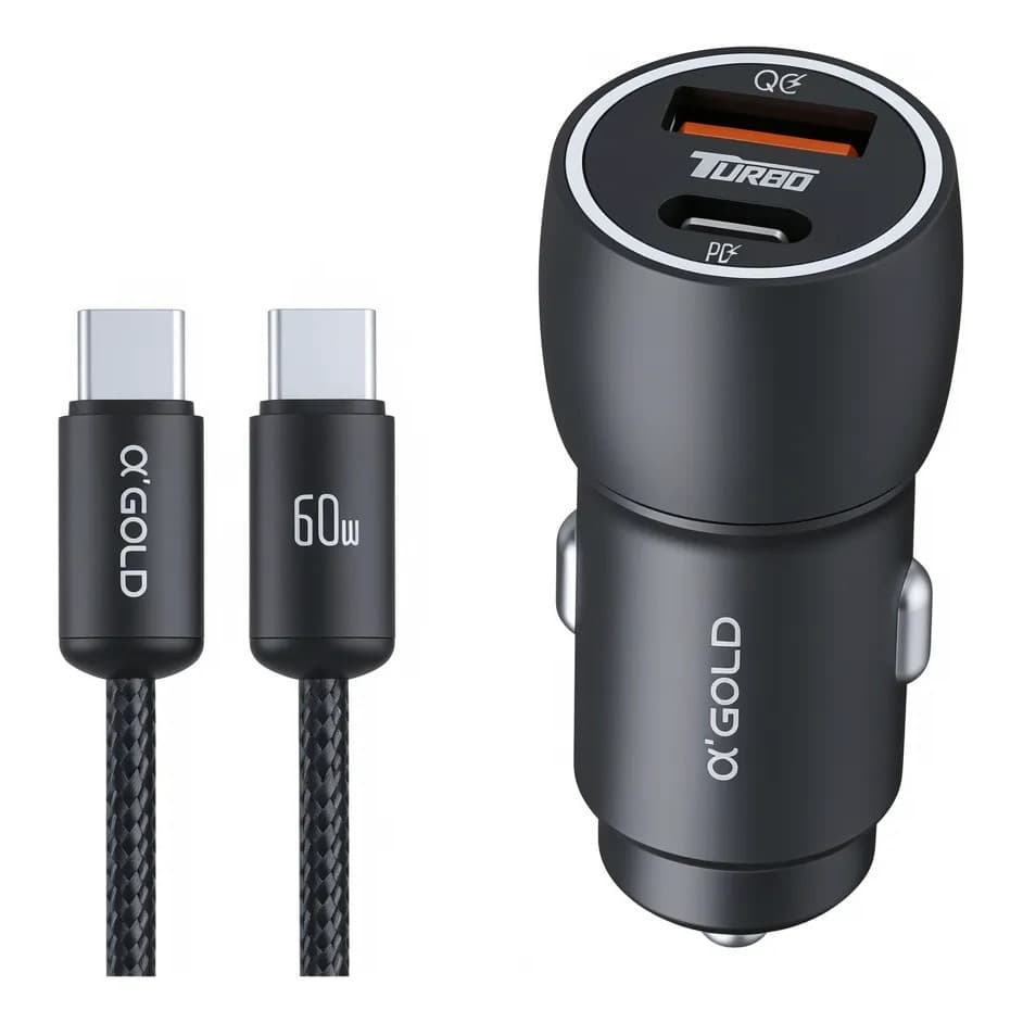 Carregador Veicular A'Gold CJ13-3Turbo USB-C Duplo Tipo C Carregamento Rápido Para Celular Carro Universal Potente