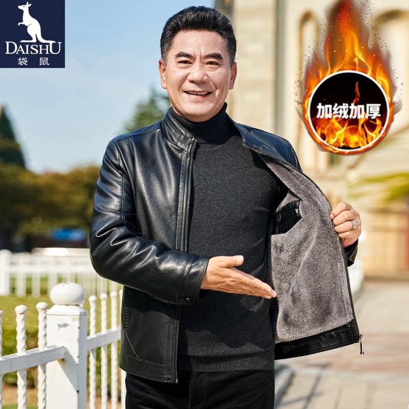 Outono inverno jaqueta de couro masculina de meia-idade 50 anos pai usar lã engrossado jaqueta Casual masculina de meia-