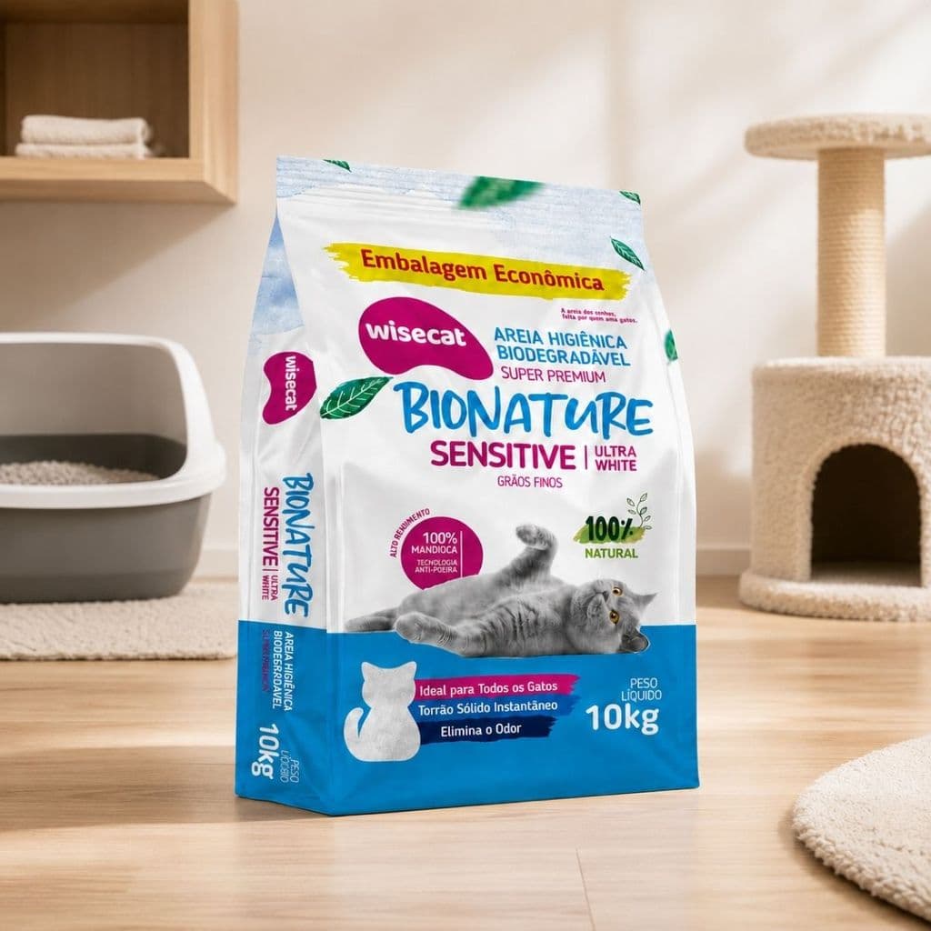 Areia Sanitária De Mandioca Grãos Finos Para Gatos Biodegradável Wisecat 10kg