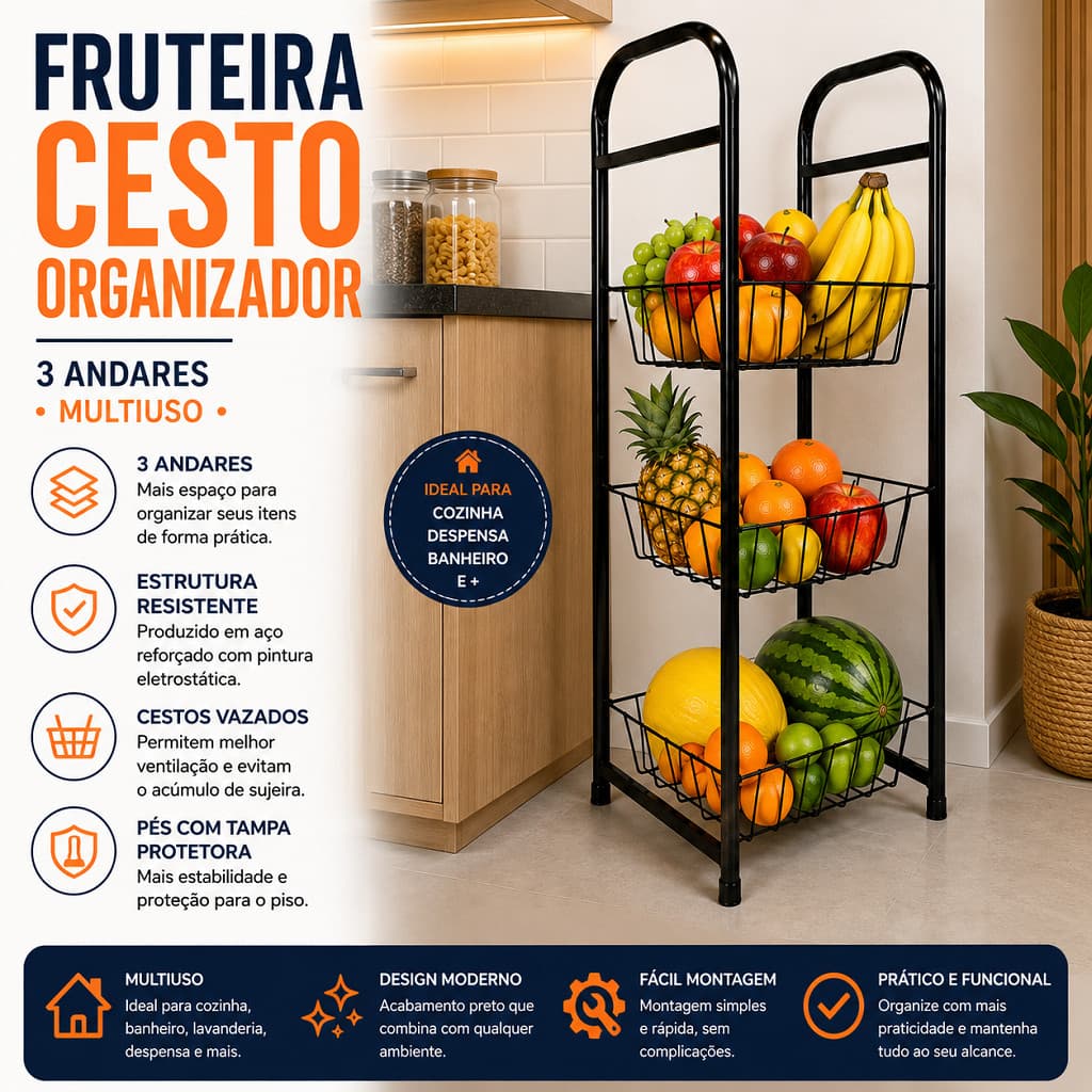 Cesto 3 Andares Organizador Fruteira em Aço Preto Multiuso para Cozinha Despensa Banheiro