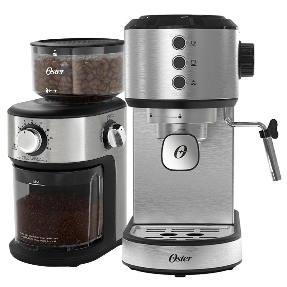 Kit Cafeteira Expresso Oster Perfect Moment e Moedor Precision 18 Níveis Aço Inox 18 Xícaras 220V