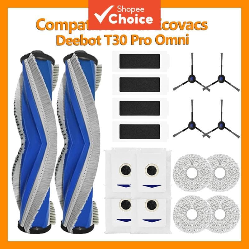 Kit de Acessórios para Aspirador de Pó: Escova Principal, Escova Lateral, Filtro, Saco de Pó para Ecovacs Deebot T30 Pro