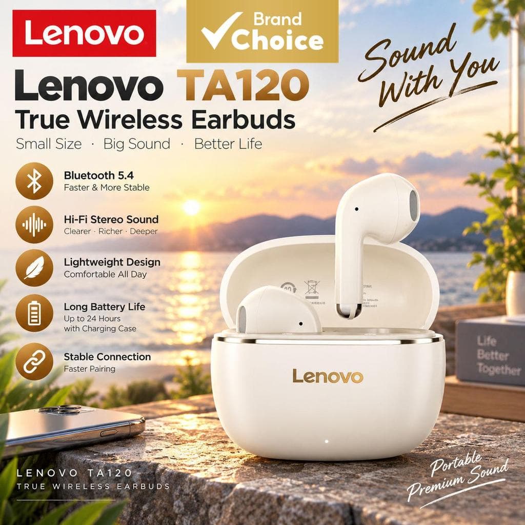 Fones de Ouvido Lenovo TA120 5.4, Fones Bluetooth 5.4 100W, Cancelamento de Ruído, com Microfone, Ideal para Música e