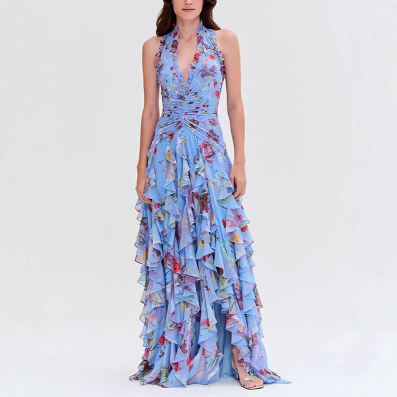 2026 Vestido feminino francês com estampa doce saia longa bolo com cadarço vestido multicamadas vestido de noite