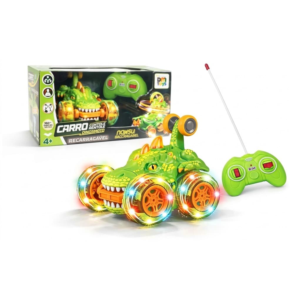 Carrinho Controle Remoto Dinossauro 360° Verde - DmToys
